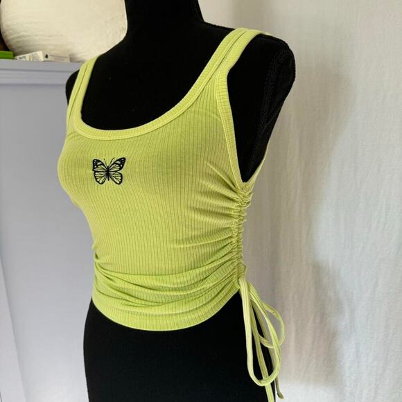 Forever 21 sz small Y2k butterfly embroidered crop top lime ruched ties fairy - Picture 6 of 7